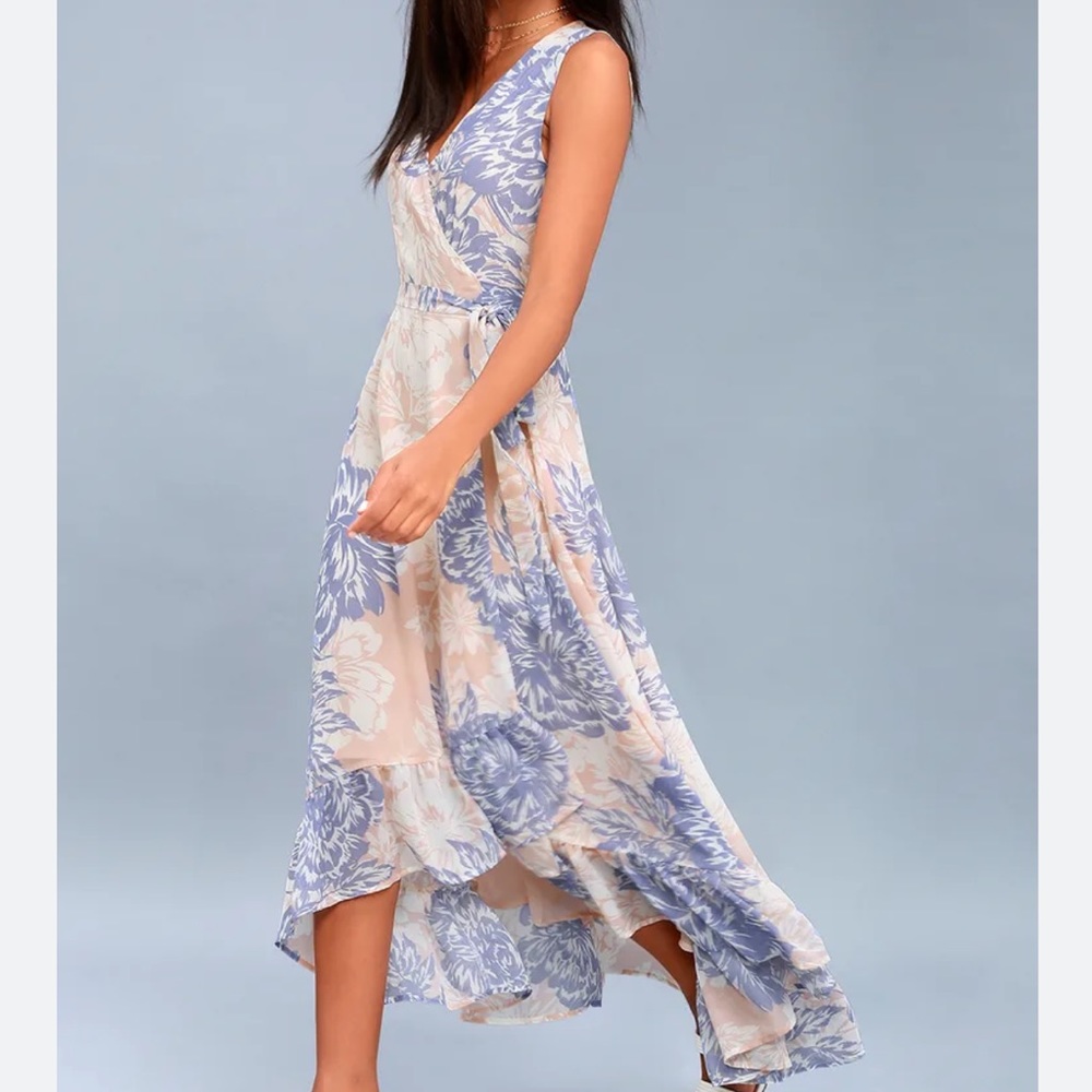 Lulus Desert Trip Peach Floral Print High-Low Wrap Dress